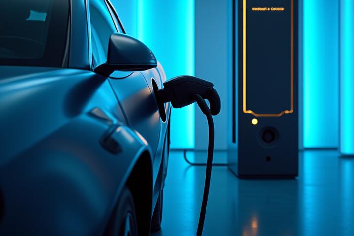 Modern electric vehicle plugged into a fast-charging station in a sleek, minimalist setup.