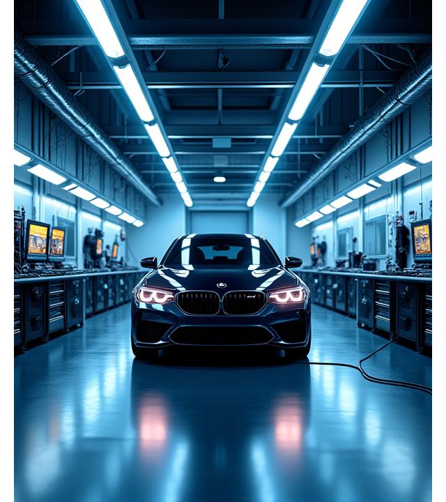 Modern automotive service bay with advanced diagnostic equipment connected to a sleek, high-end car.