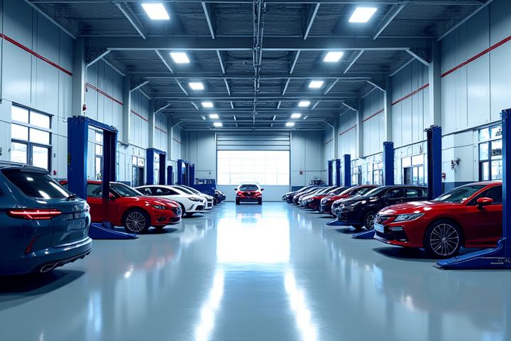 Modern, clean automotive workshop interior with bright lighting and organized tools.